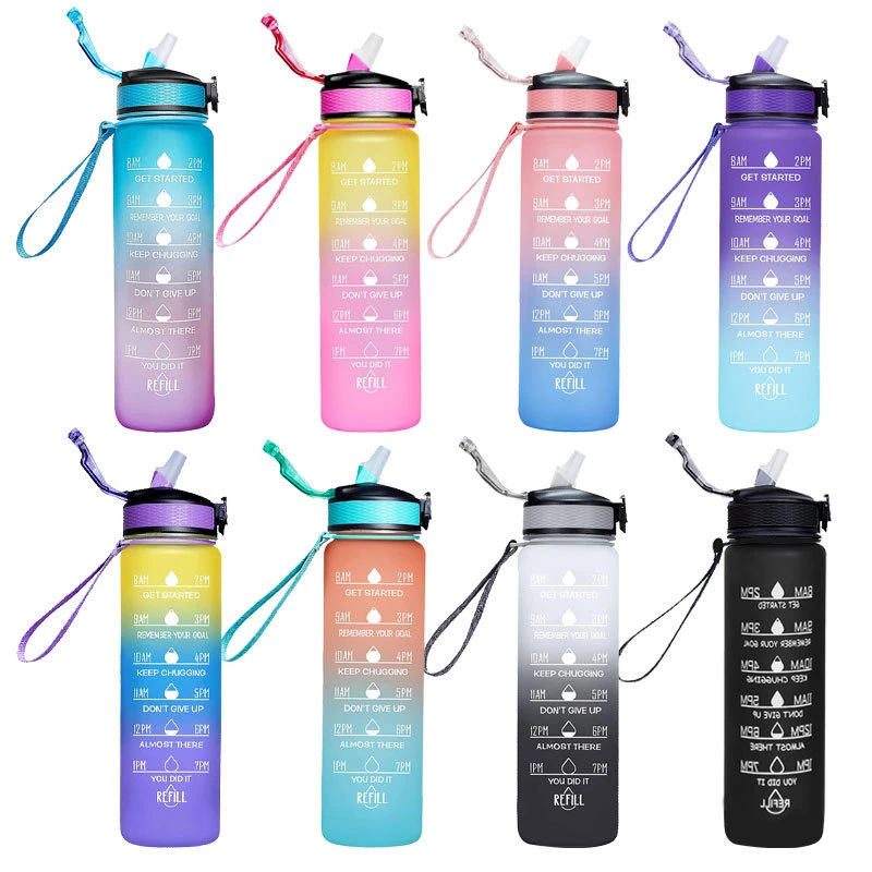 Plastic Cup Sports Water Cup Large-Capacity Straw Cup Portable Gradient Color Space Cup Outdoor Fitness Bottle 1000ml