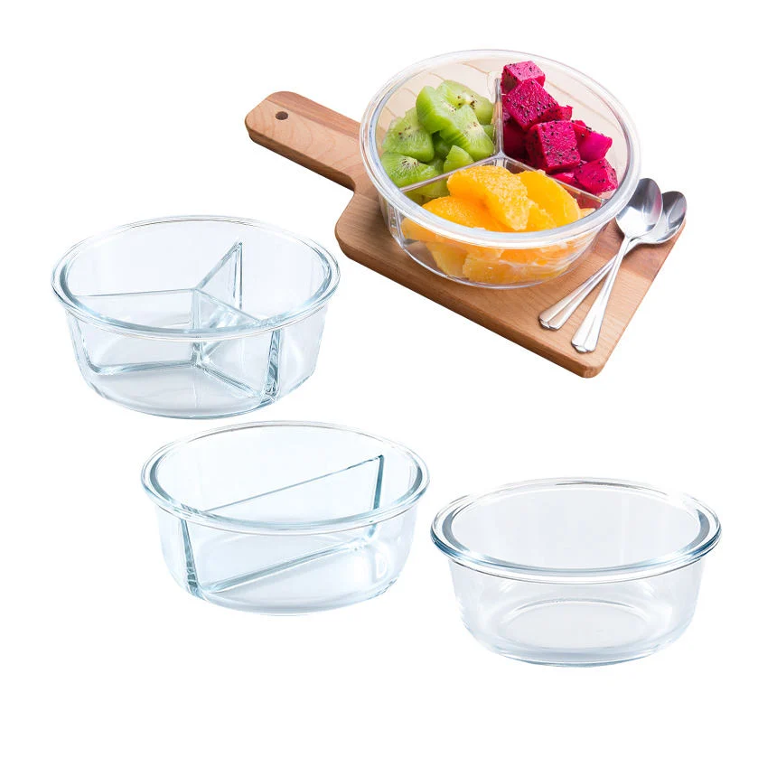 1400ml Round Kitchen Lunch Box Microwave Glass Bowl Glass Crisper with Wooden Cover