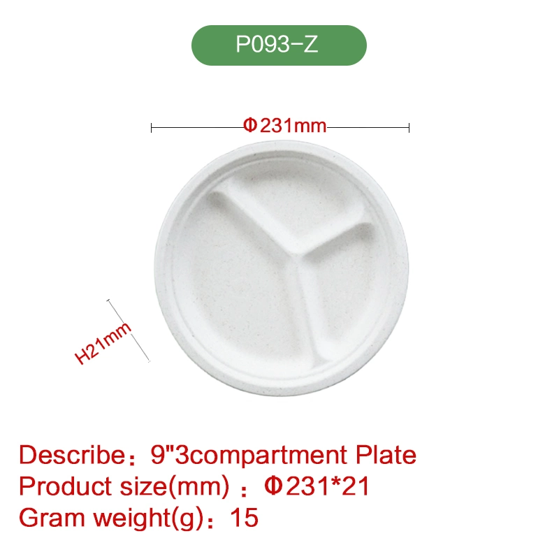 9 Inch 3 Compartment Biodegradable Sugarcane Compostable Round Plates for Fruits