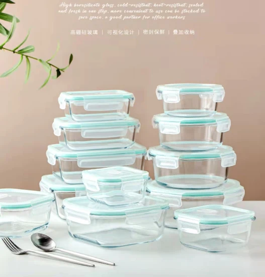 1230ml Square Kitchen Lunch Boxes Microwave Glass Bowl Glass Crisper with Cover