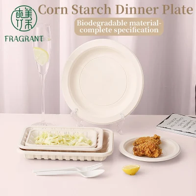 Customized Biodegradable Eco-Friendly Compostable Microwavable Waterproof Round Square Oval 9 Inch Corn Starch Plate for Dinner Cake Fruit Lunch