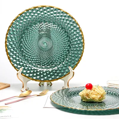 Creative Ins Glass Plate with Golden Rim for Fruit Salad Dessert Steak Round Western Food Plate Dinnerware Glassware